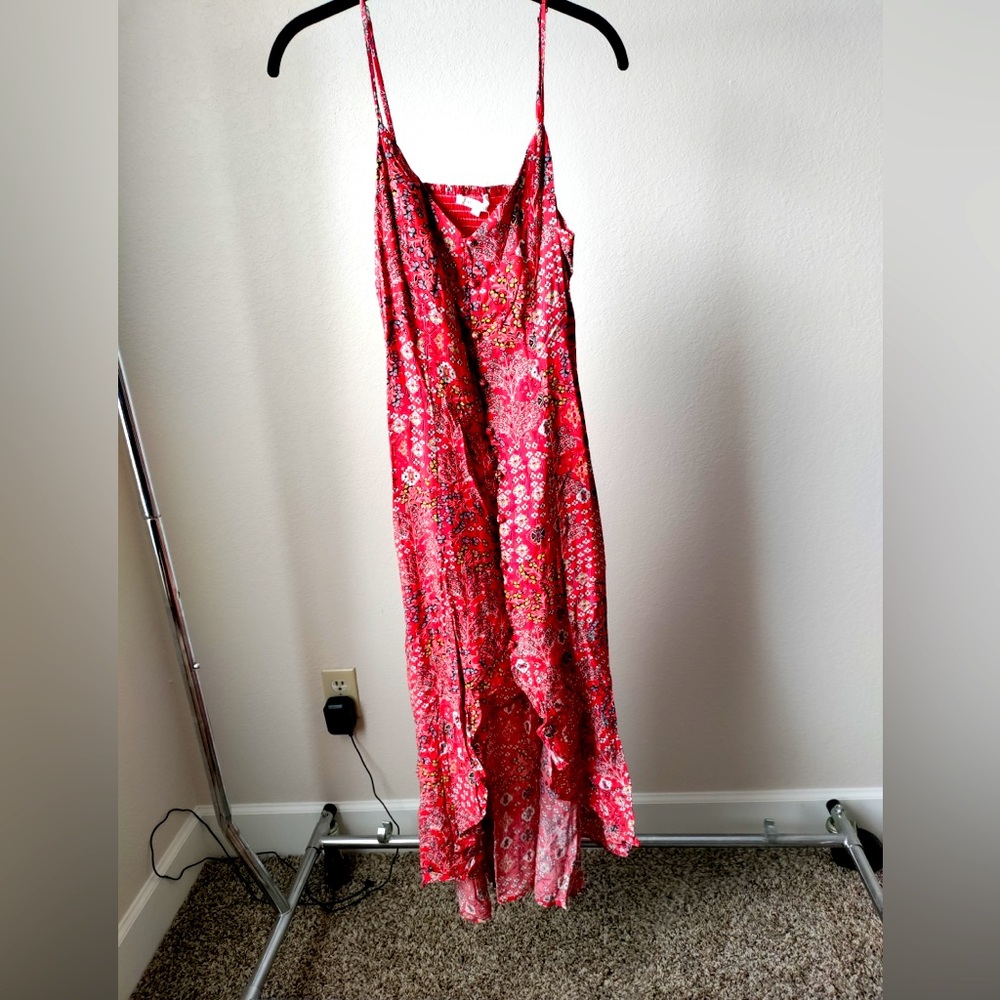 Red maxi ruffle hem dress